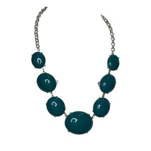 Teal Statement Necklace With Silver-Tone Chain & Oval Bead Accents Adjustable Cl